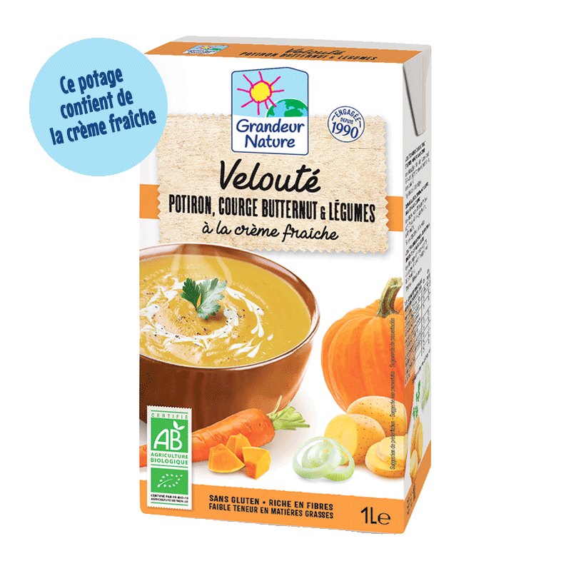 Soupe veloutée potiron, courge butternut et légumes avec de la crème fraîche Grandeur Nature